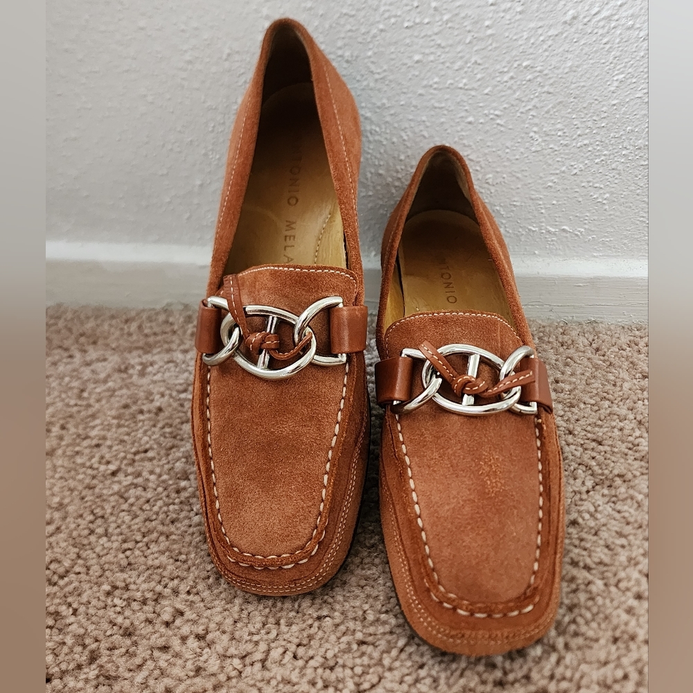 Suede Leather Loafers  sz 7.5 Antomio Melani Silver Buckle - Picture 2 of 5